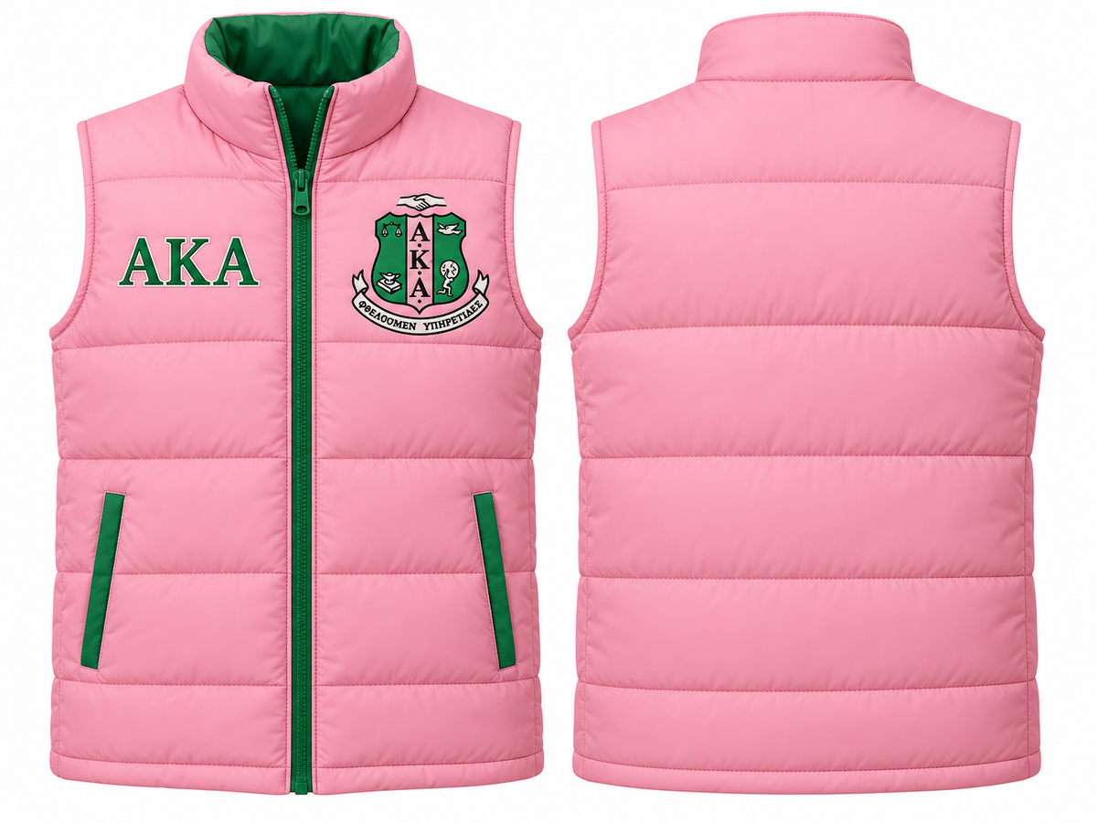 Alpha Kappa Alpha pink and green custom embroidered puffer vest front and back