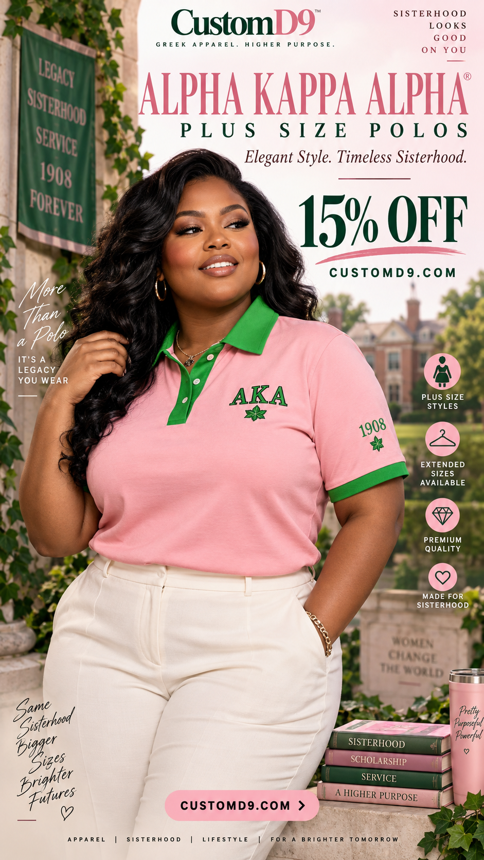 Alpha Kappa Alpha plus size pink and green polo on model