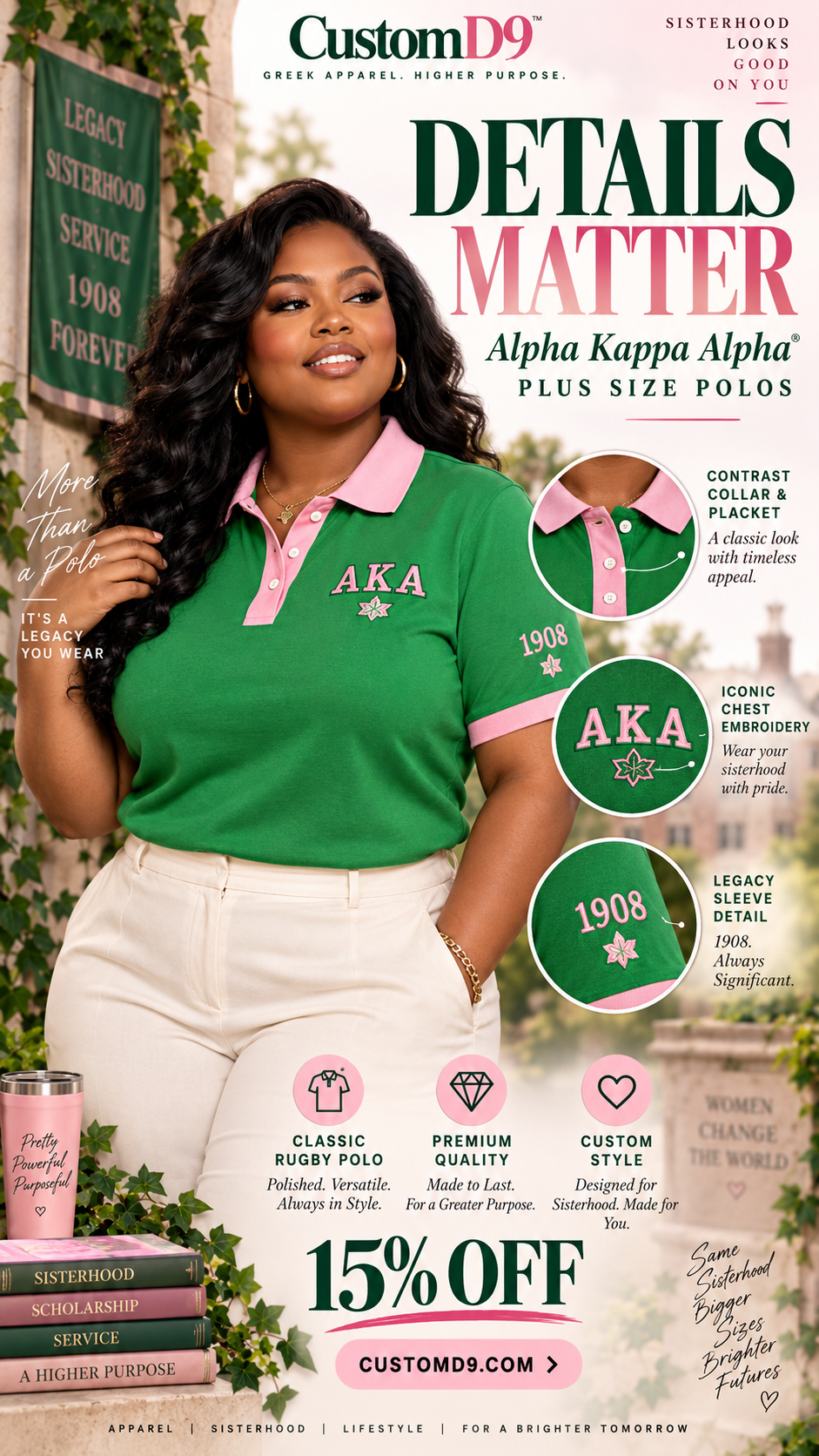 Alpha Kappa Alpha plus size polo embroidery and contrast detail