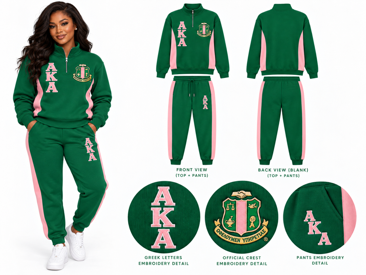 Alpha Kappa Alpha premium embroidered track suit green and pink