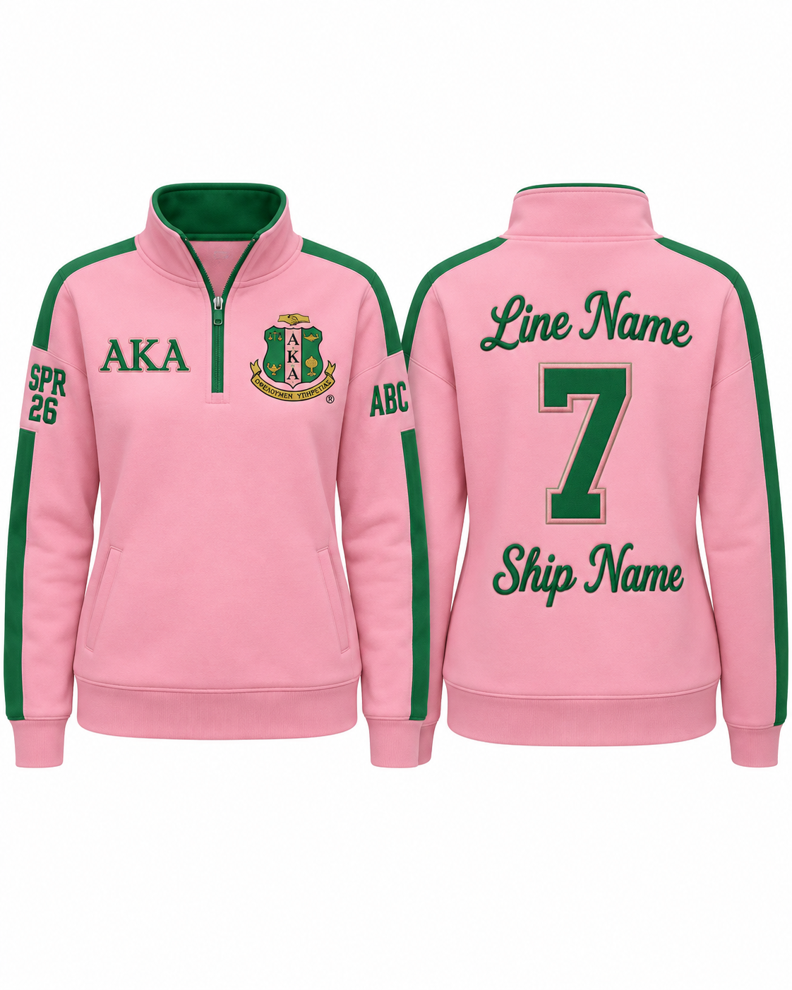 Alpha Kappa Alpha pink and green custom embroidered quarter zip pullover