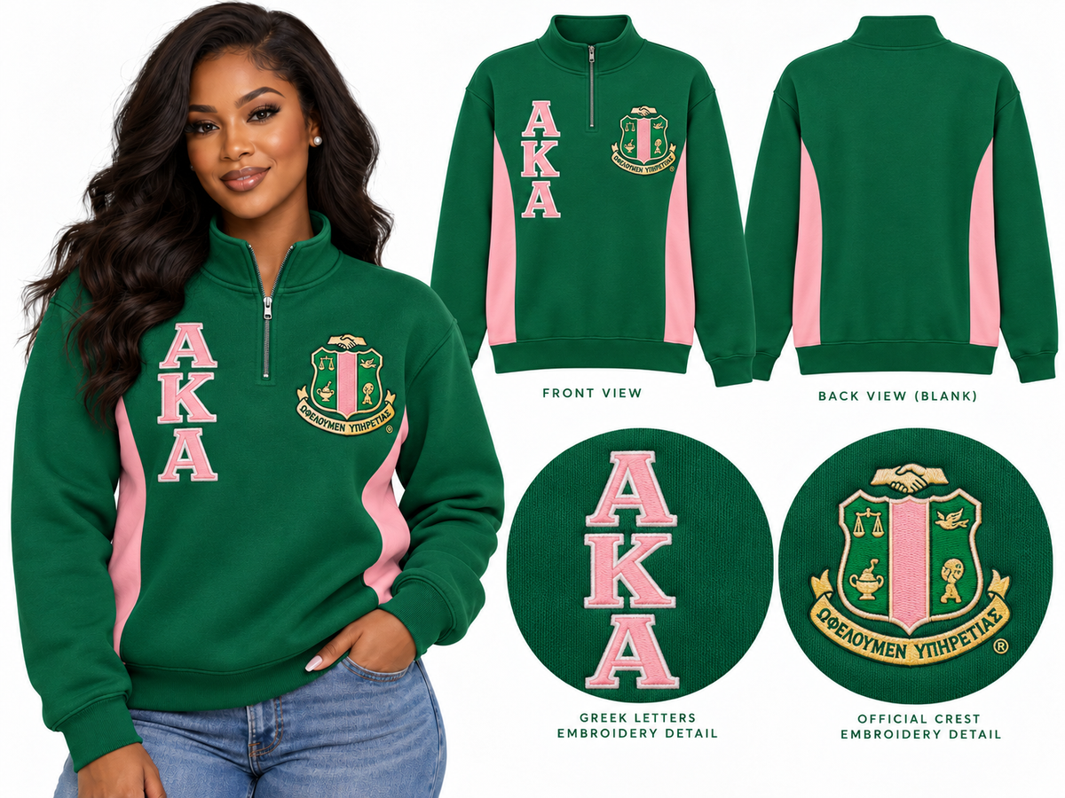 Alpha Kappa Alpha embroidered quarter zip pullover green and pink D9 apparel