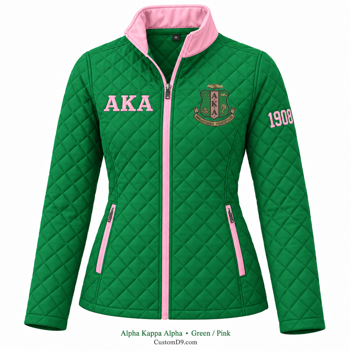 Alpha Kappa Alpha quilted jacket in Green and Pink; original crest, ΑΚΑ and 1908 sleeve customization example