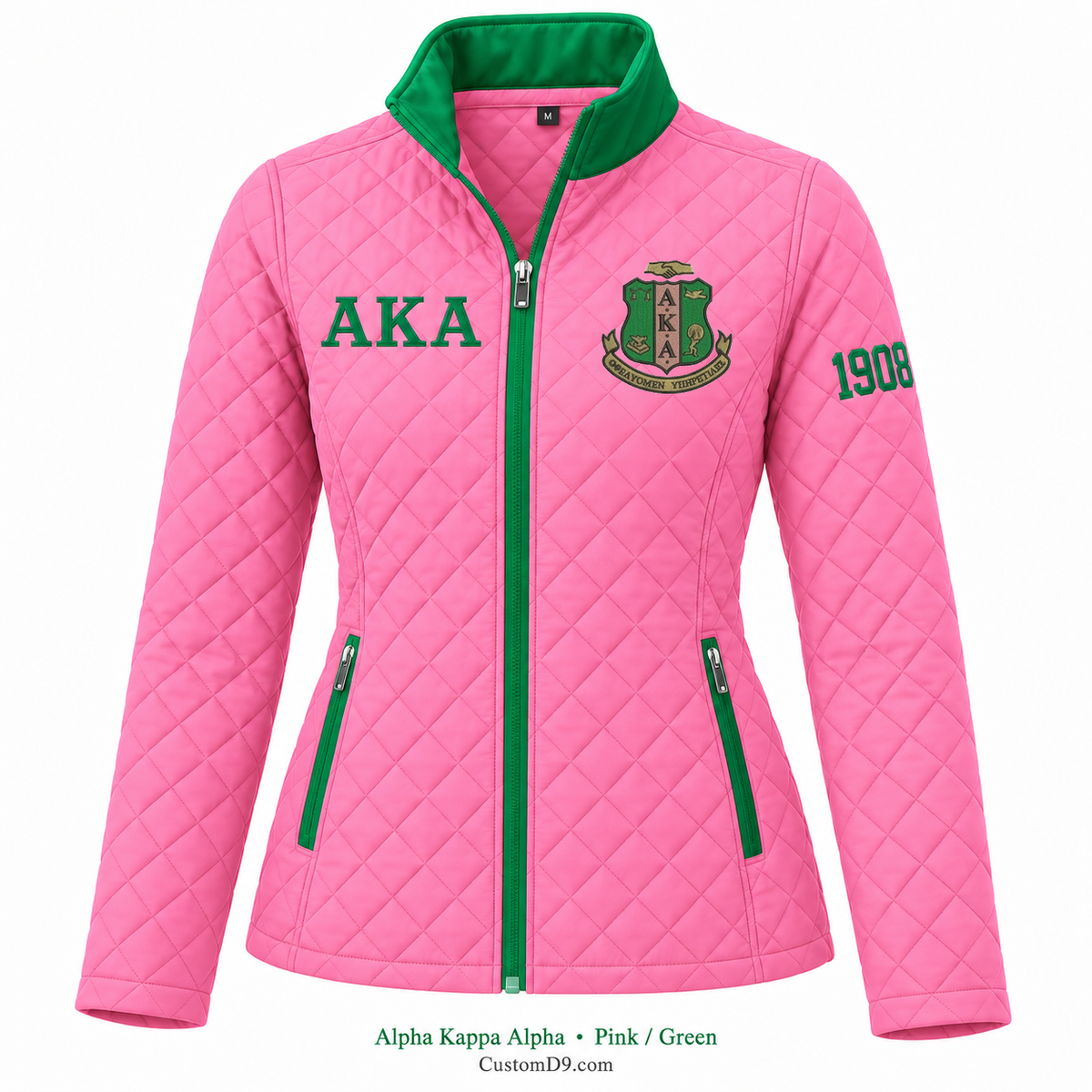 Alpha Kappa Alpha quilted jacket in Pink and Green; original crest, ΑΚΑ and 1908 sleeve customization example