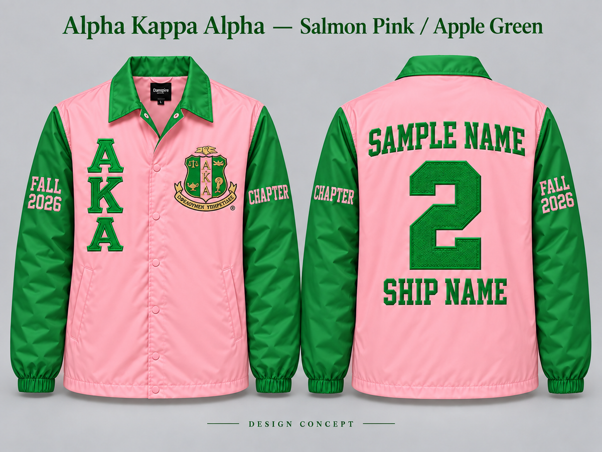 Alpha Kappa Alpha Salmon Pink body with Apple Green collar and sleeves contrast line jacket, front and back sample embroidery