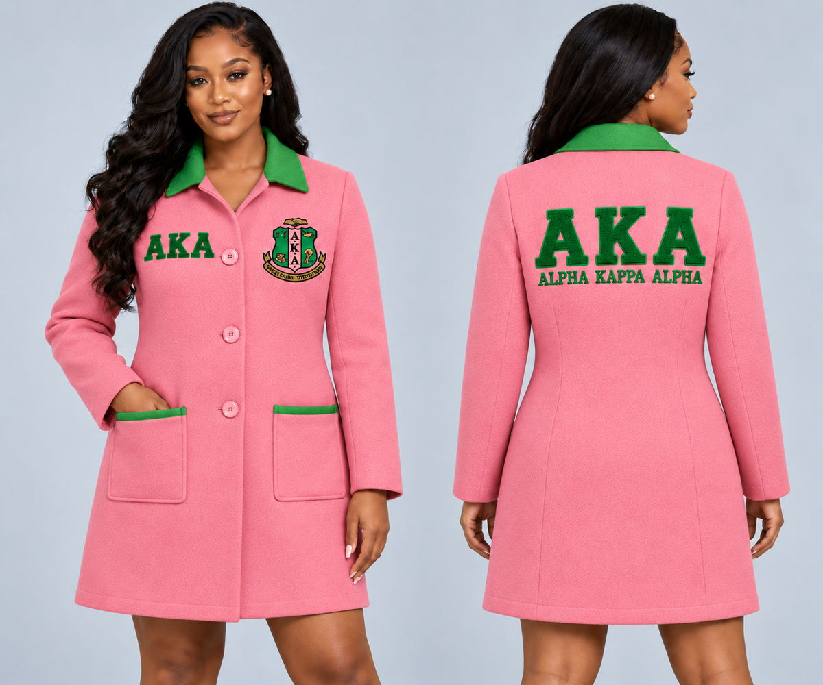 Black woman modeling Alpha Kappa Alpha salmon pink and apple green fitted premium wool blend coat with chenille Greek letters and embroidered crest, front and back views.