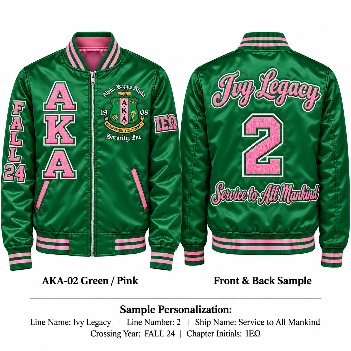 Alpha Kappa Alpha custom embroidered satin bomber jacket green and pink front and back personalization sample