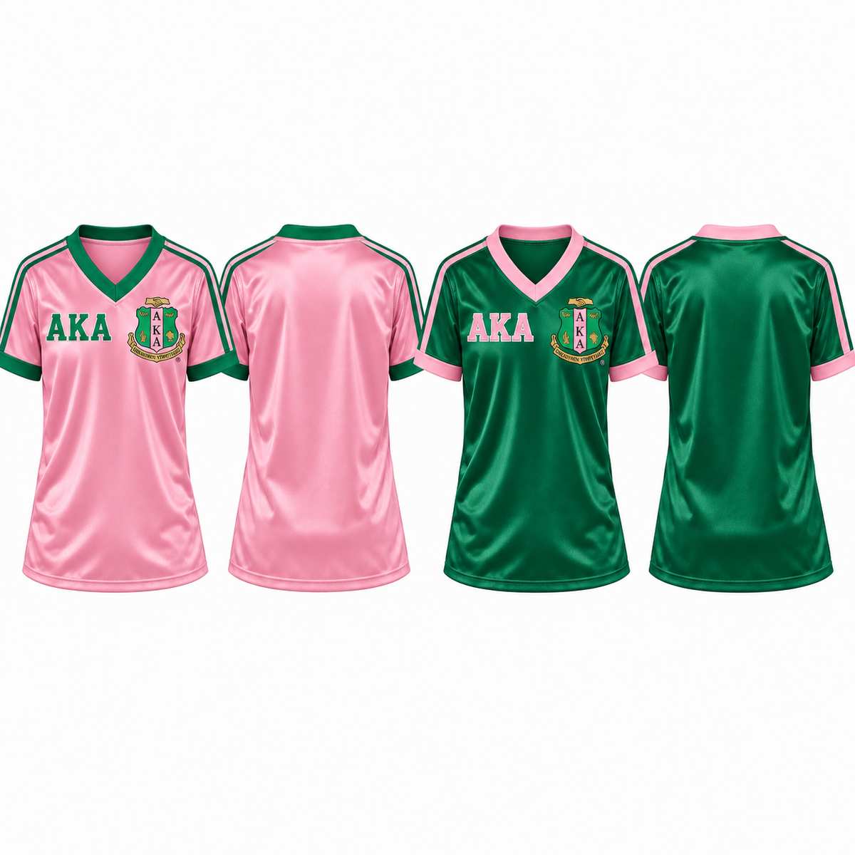 Alpha Kappa Alpha pink and green satin football jersey colorways front and back