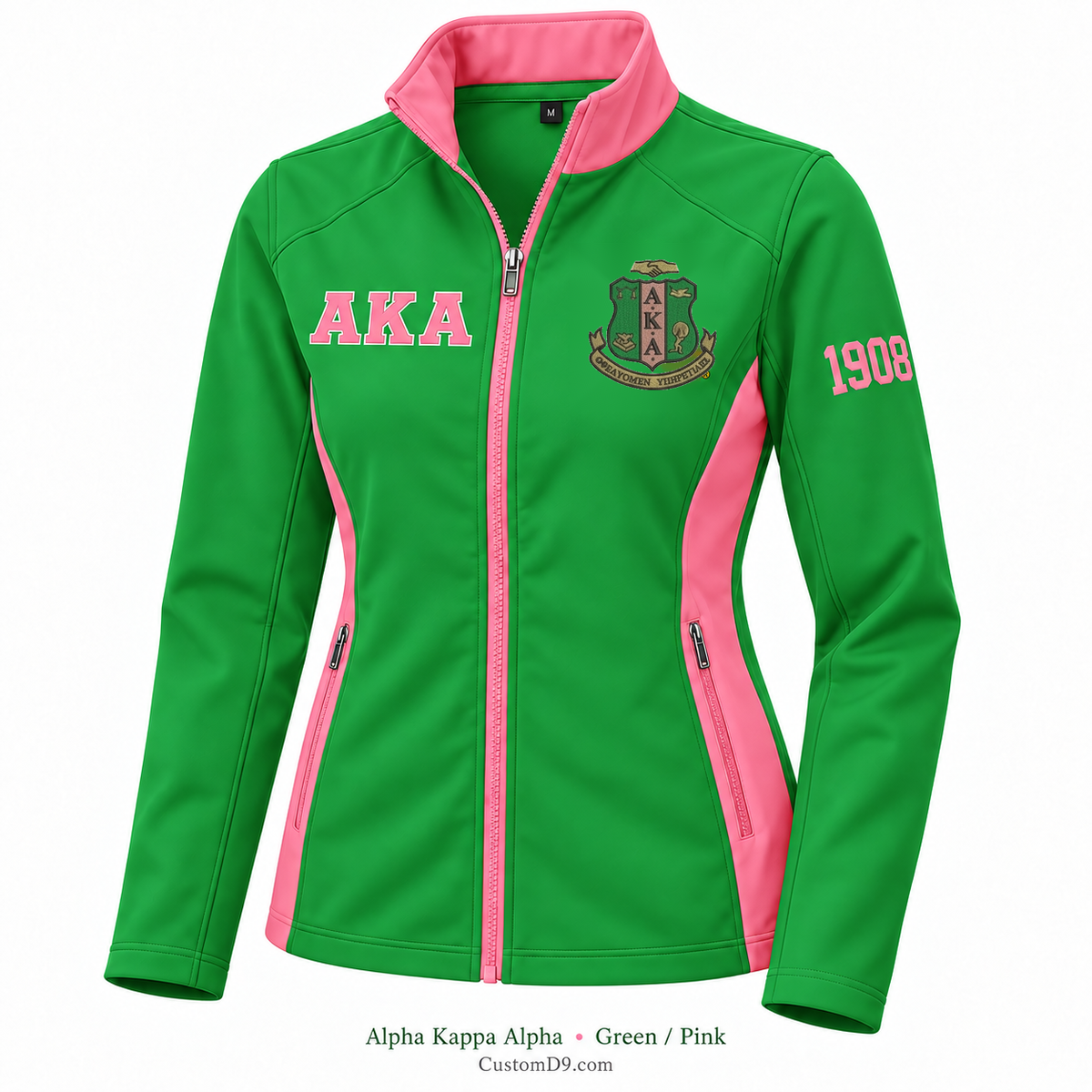 Alpha Kappa Alpha Custom Softshell Jacket – Green / Pink; original crest artwork, Greek letters and founding year customization example