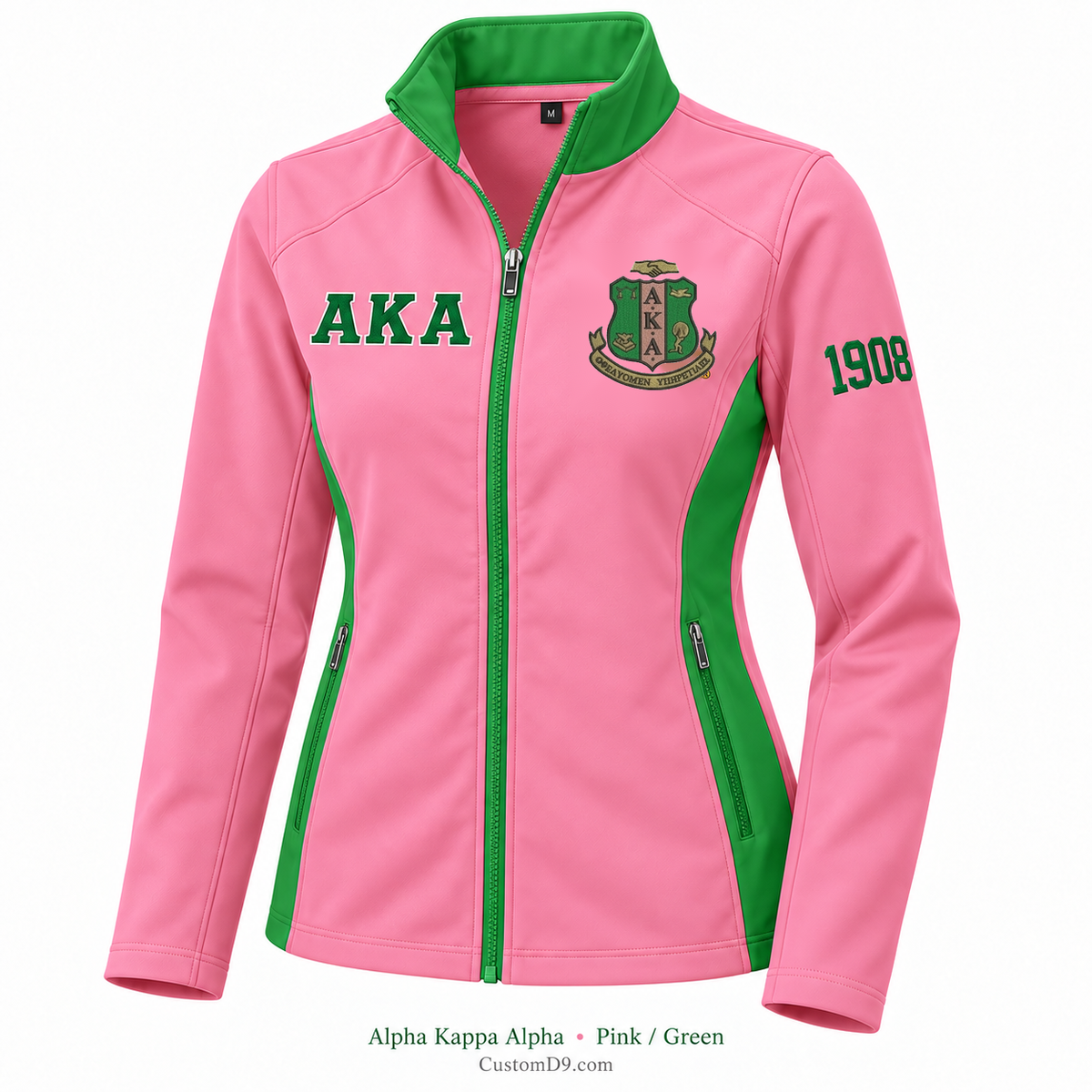 Alpha Kappa Alpha Custom Softshell Jacket – Pink / Green; original crest artwork, Greek letters and founding year customization example