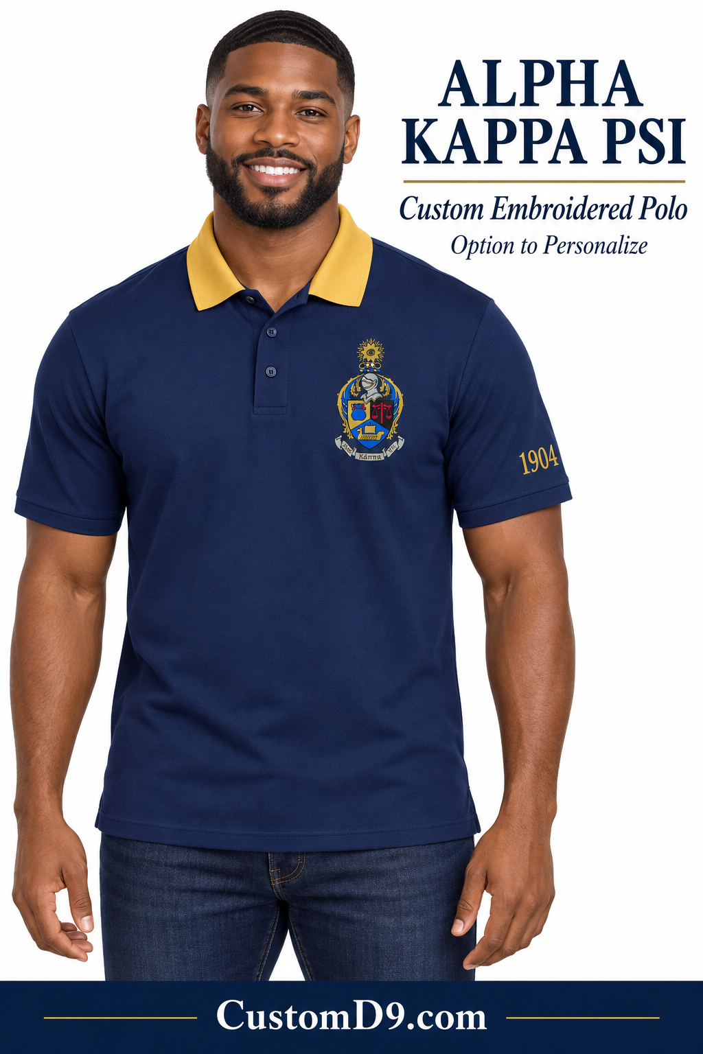 Model wearing Alpha Kappa Psi custom embroidered navy and gold contrast collar polo