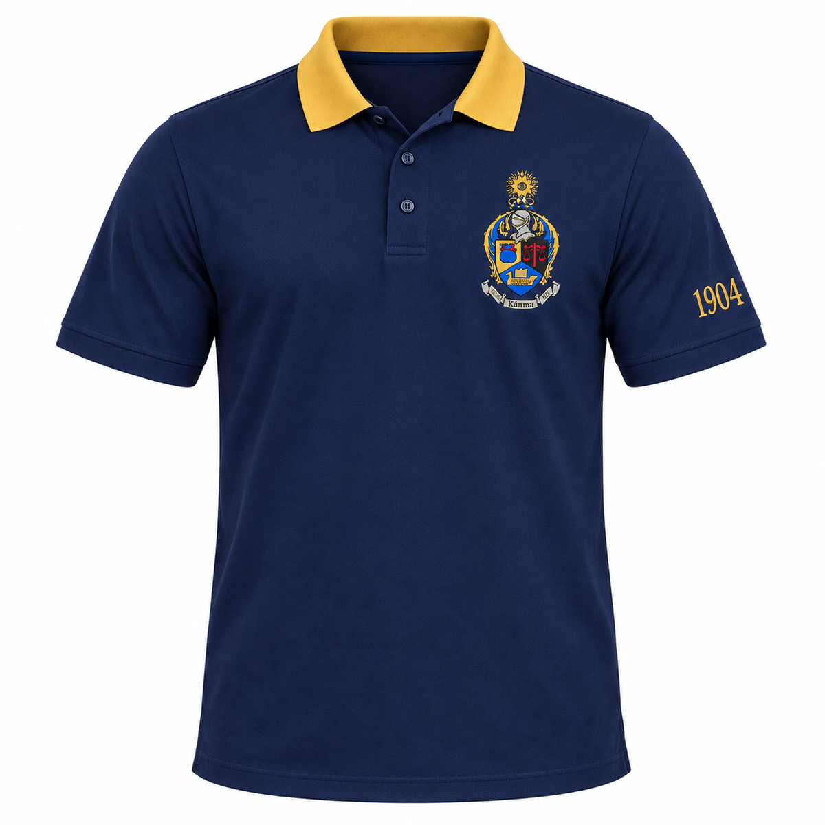 Alpha Kappa Psi solid navy polo with gold contrast collar, embroidered crest and 1904 on left sleeve