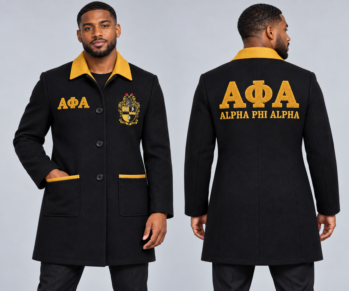 Black male model wearing Alpha Phi Alpha fitted premium wool blend coat in black and old gold, premium chenille Greek letters and embroidered crest, front and back views.