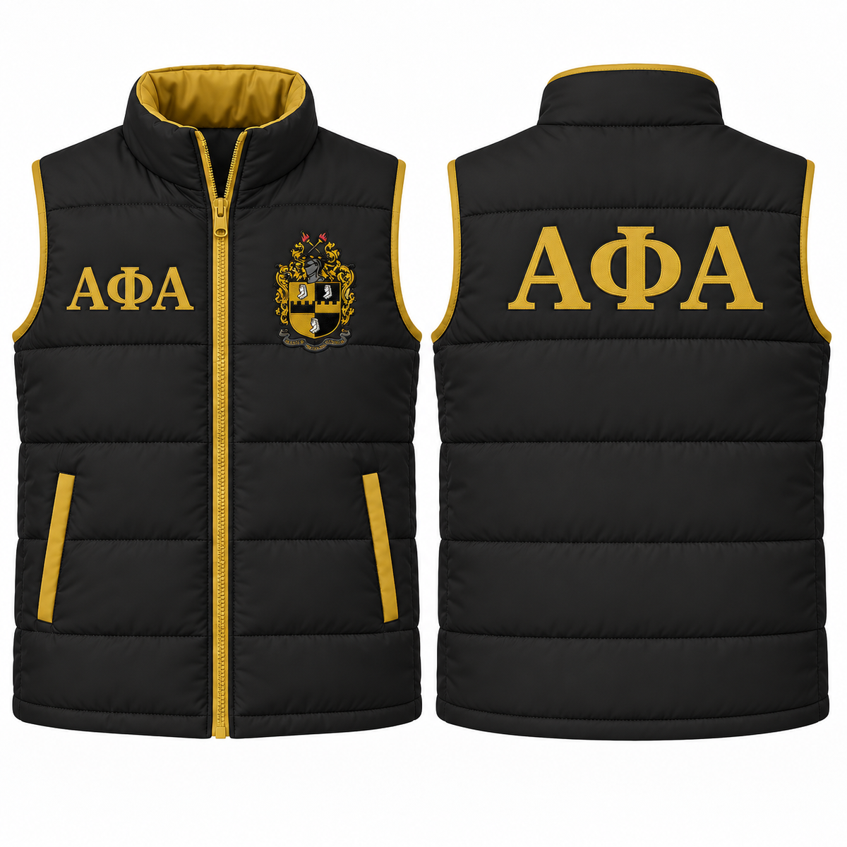 Alpha Phi Alpha black and old gold custom embroidered puffer vest front and back