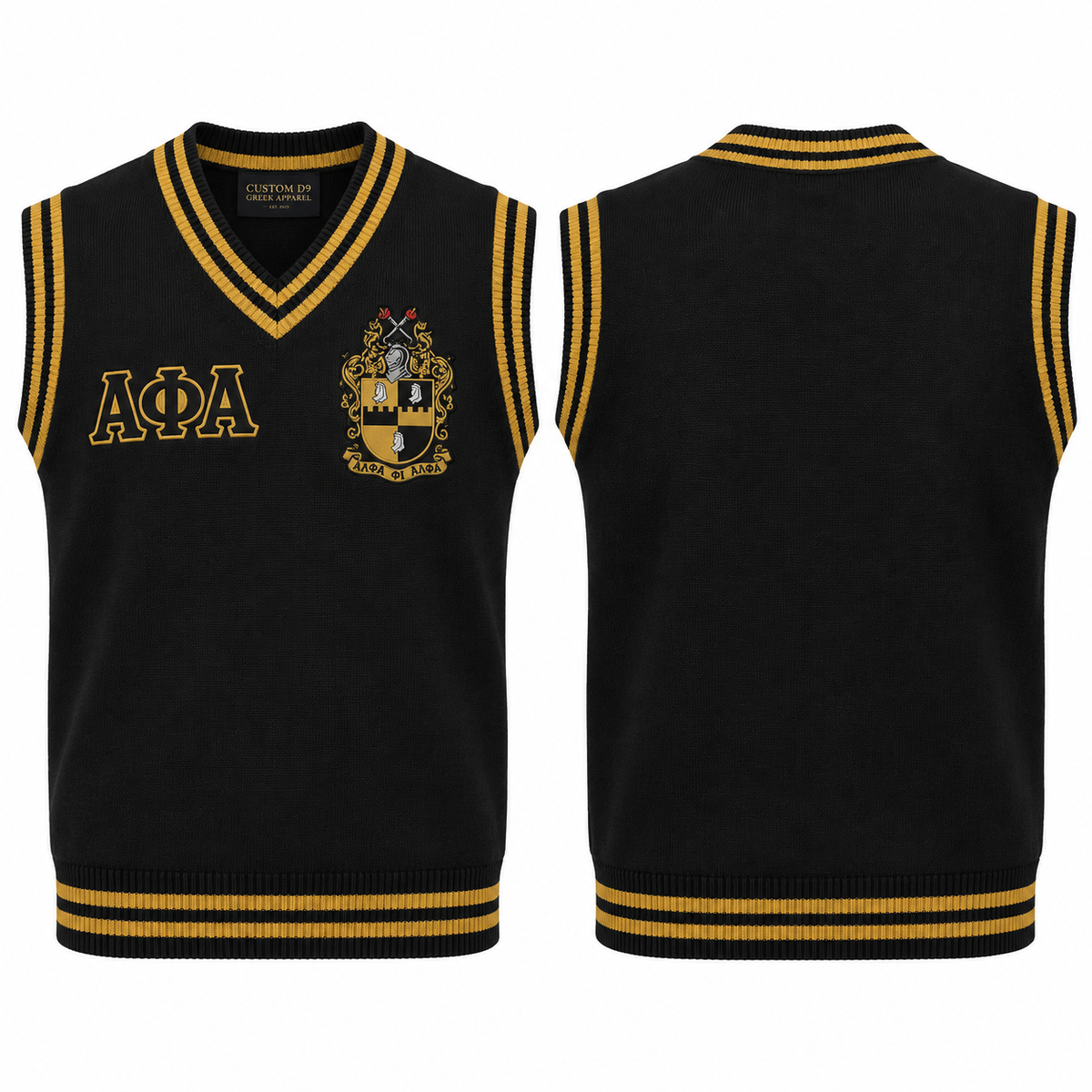Alpha Phi Alpha black and old gold varsity sweater vest front and back