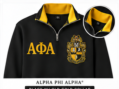 Alpha Phi Alpha black quarter-zip sweatshirt with old gold contrast collar, Greek letters and crest