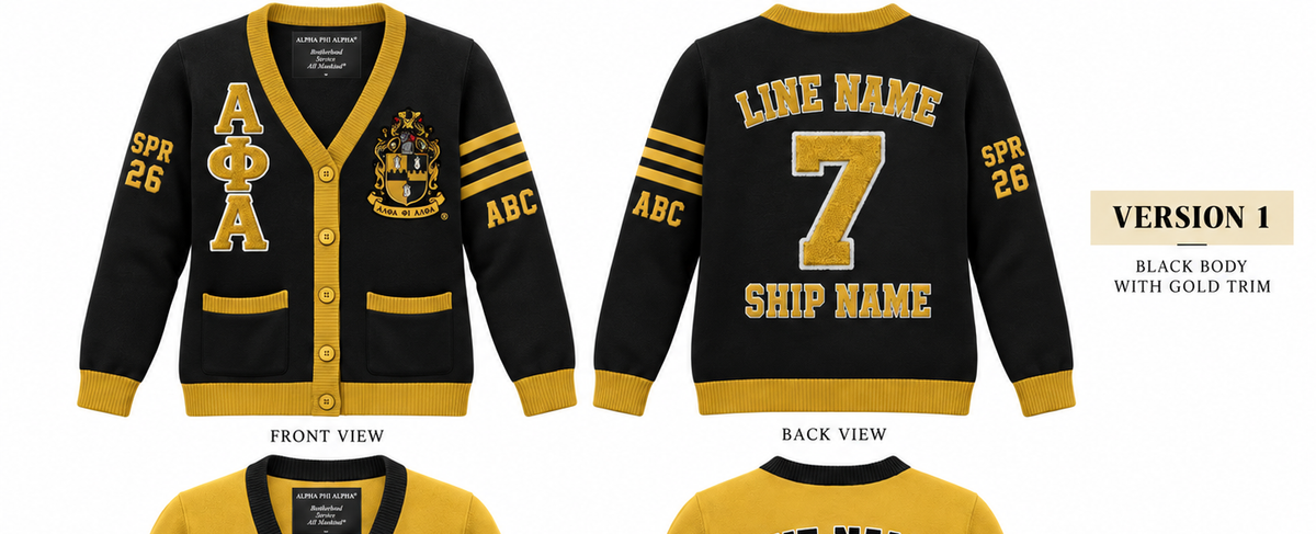 Alpha Phi Alpha custom embroidered cardigan black body gold trim sample front and back