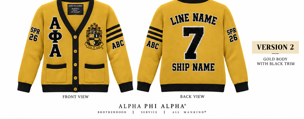 Alpha Phi Alpha custom embroidered cardigan gold body black trim sample front and back