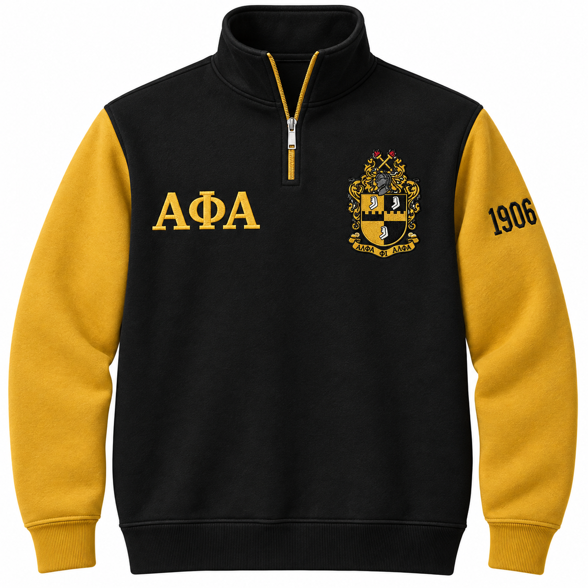 Alpha Phi Alpha Custom Embroidered Quarter-Zip Pullover | Black & Old Gold — front view, embroidered crest, Greek letters and founding year