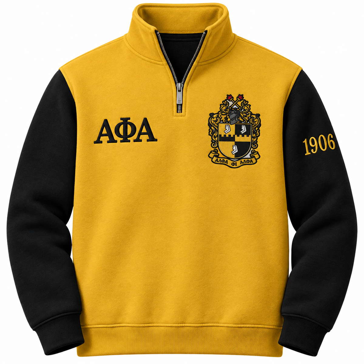 Alpha Phi Alpha Custom Embroidered Quarter-Zip Pullover | Old Gold & Black — front view, embroidered crest, Greek letters and founding year