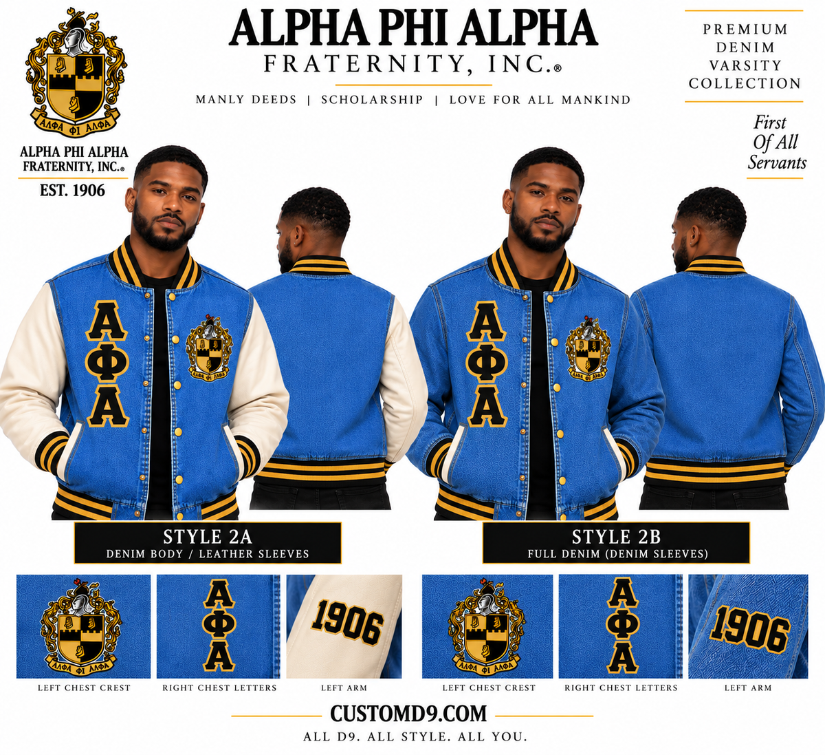 Alpha Phi Alpha denim varsity jacket with cream leather sleeves