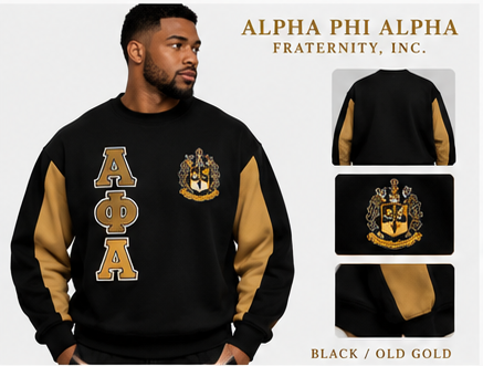 Alpha Phi Alpha heavyweight boxy embroidered crewneck black and old gold