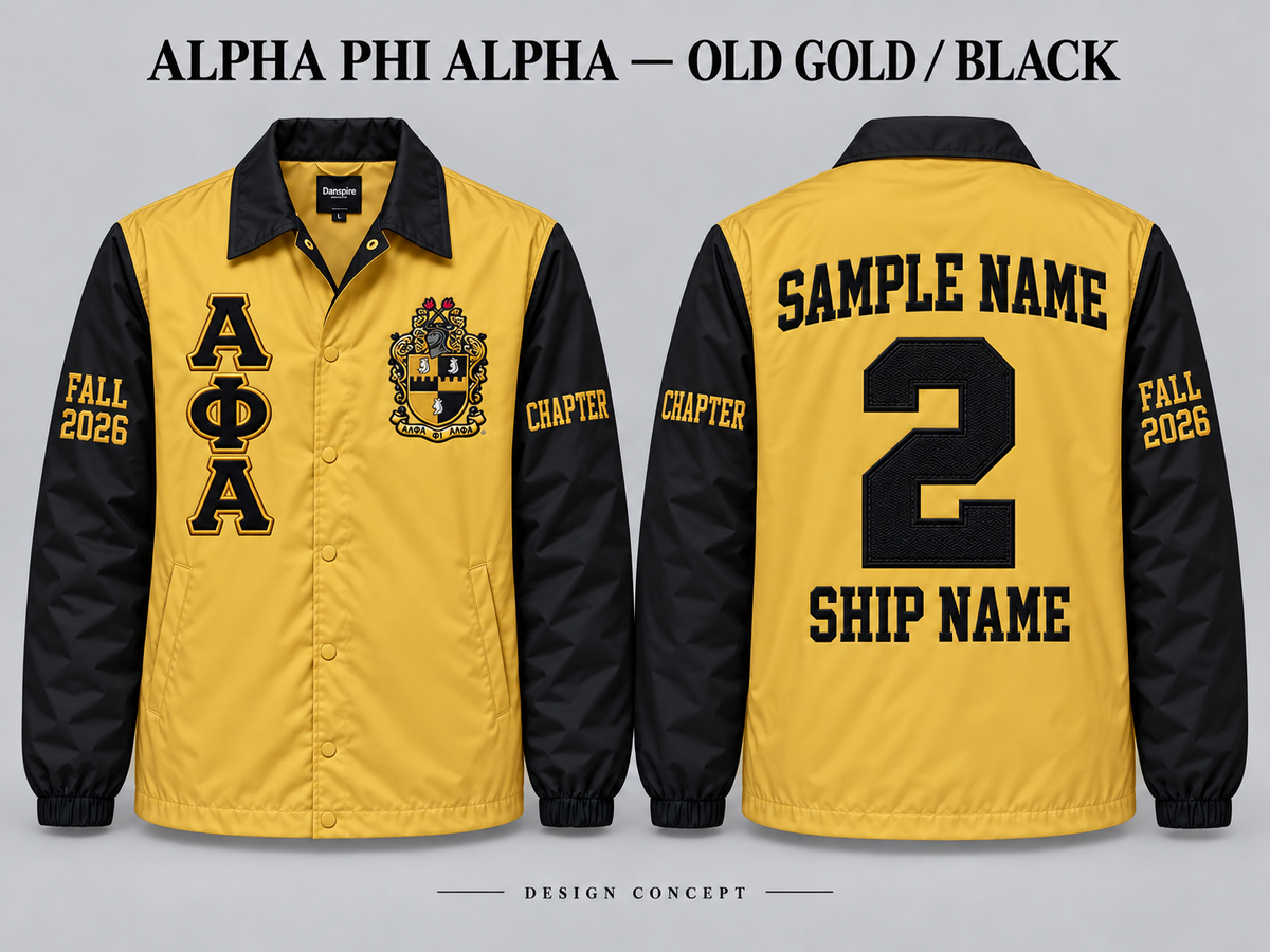 Alpha Phi Alpha Old Gold body with Black collar and sleeves contrast line jacket, front and back sample embroidery