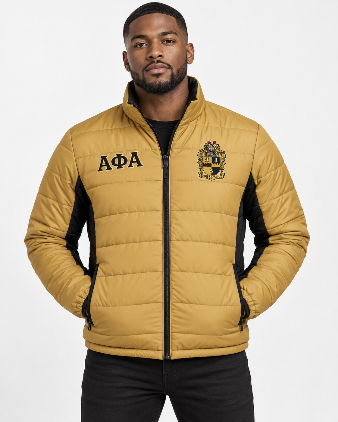 Alpha Phi Alpha old gold puffer jacket with black contrast and embroidery on male model