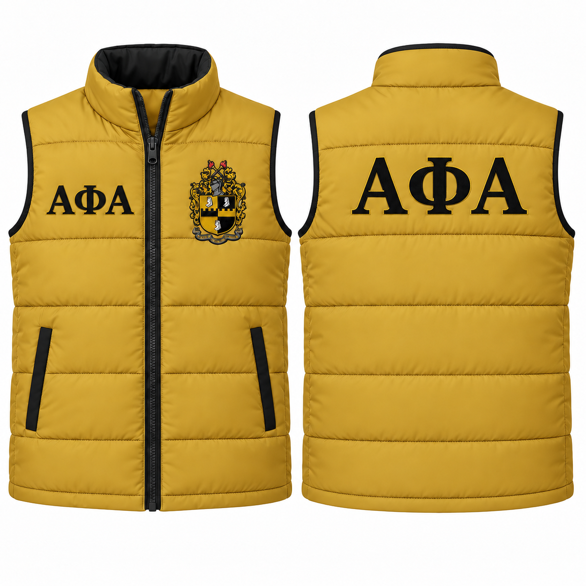 Alpha Phi Alpha old gold and black custom embroidered puffer vest front and back