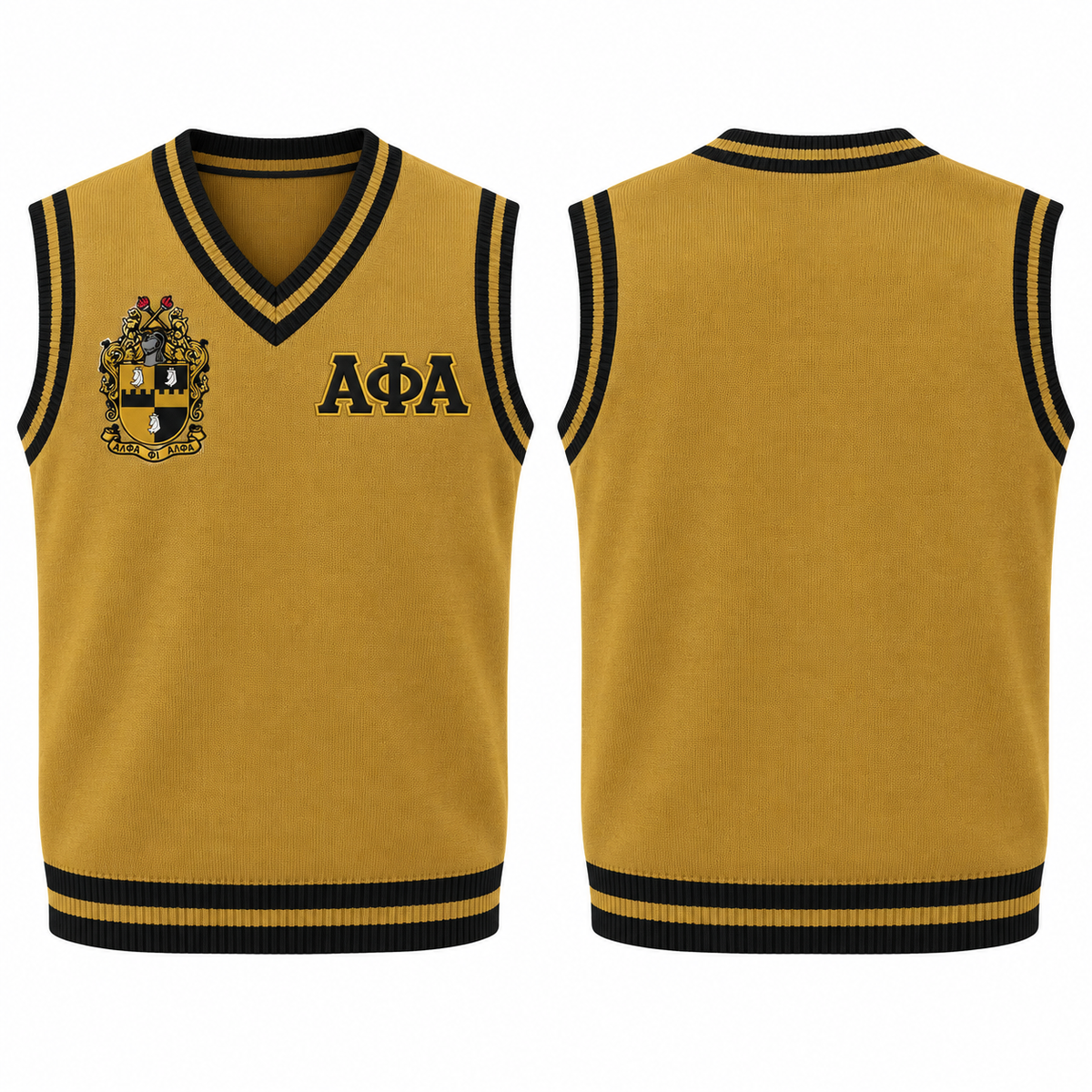 Alpha Phi Alpha old gold and black varsity sweater vest front and back