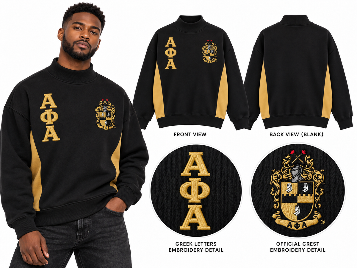 Alpha Phi Alpha oversized mock-neck embroidered sweatshirt black and old gold