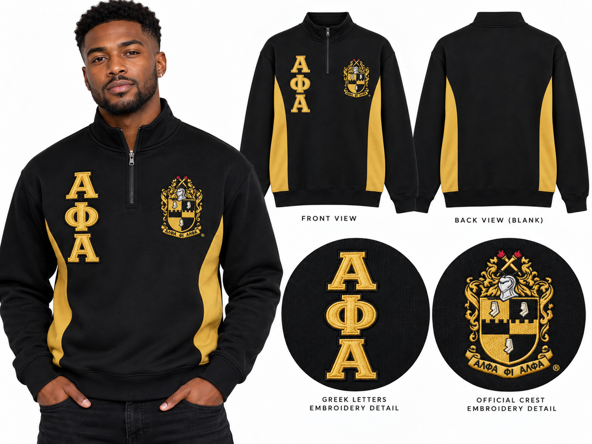 Alpha Phi Alpha embroidered quarter zip pullover black and old gold