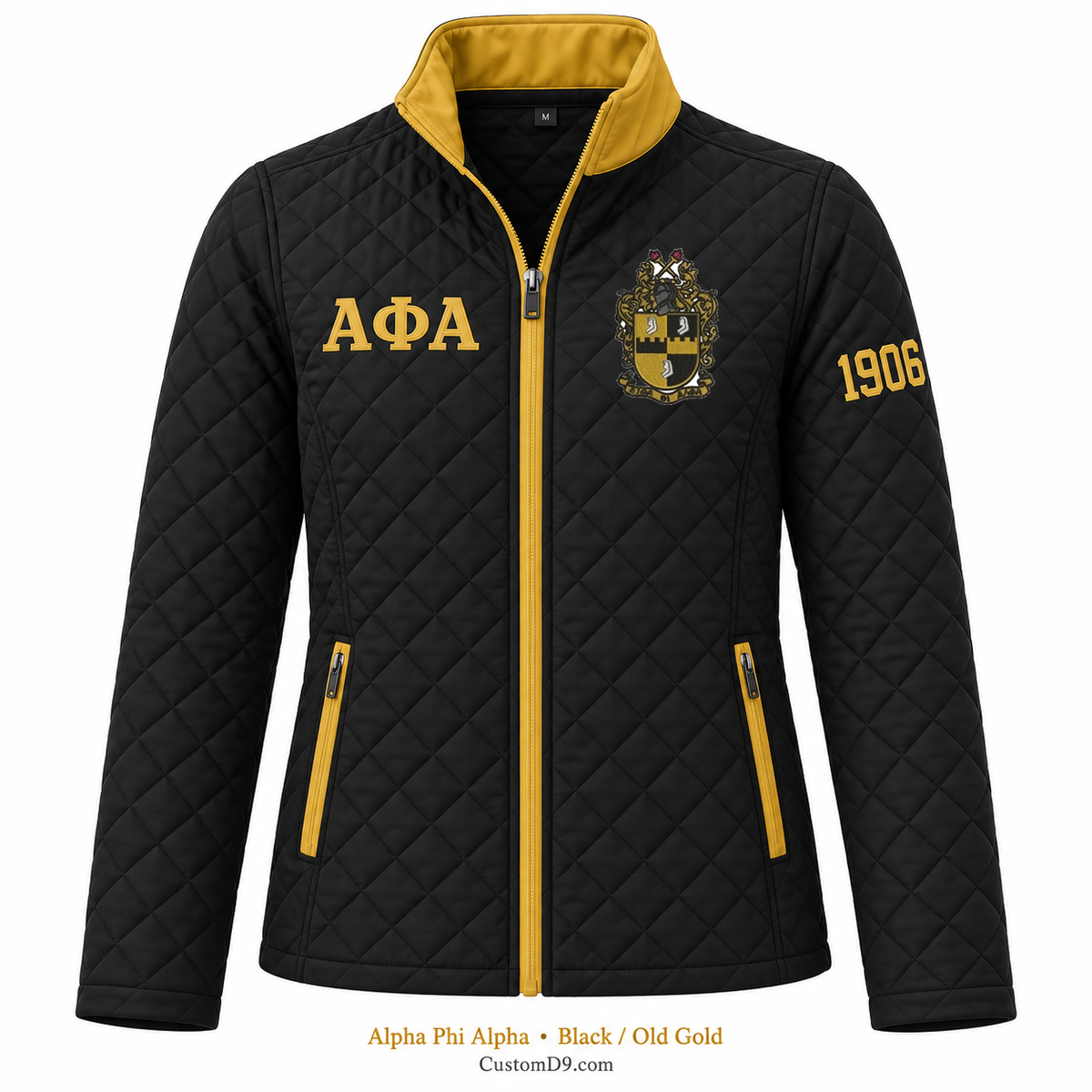Alpha Phi Alpha quilted jacket in Black and Old Gold; original crest, ΑΦΑ and 1906 sleeve customization example