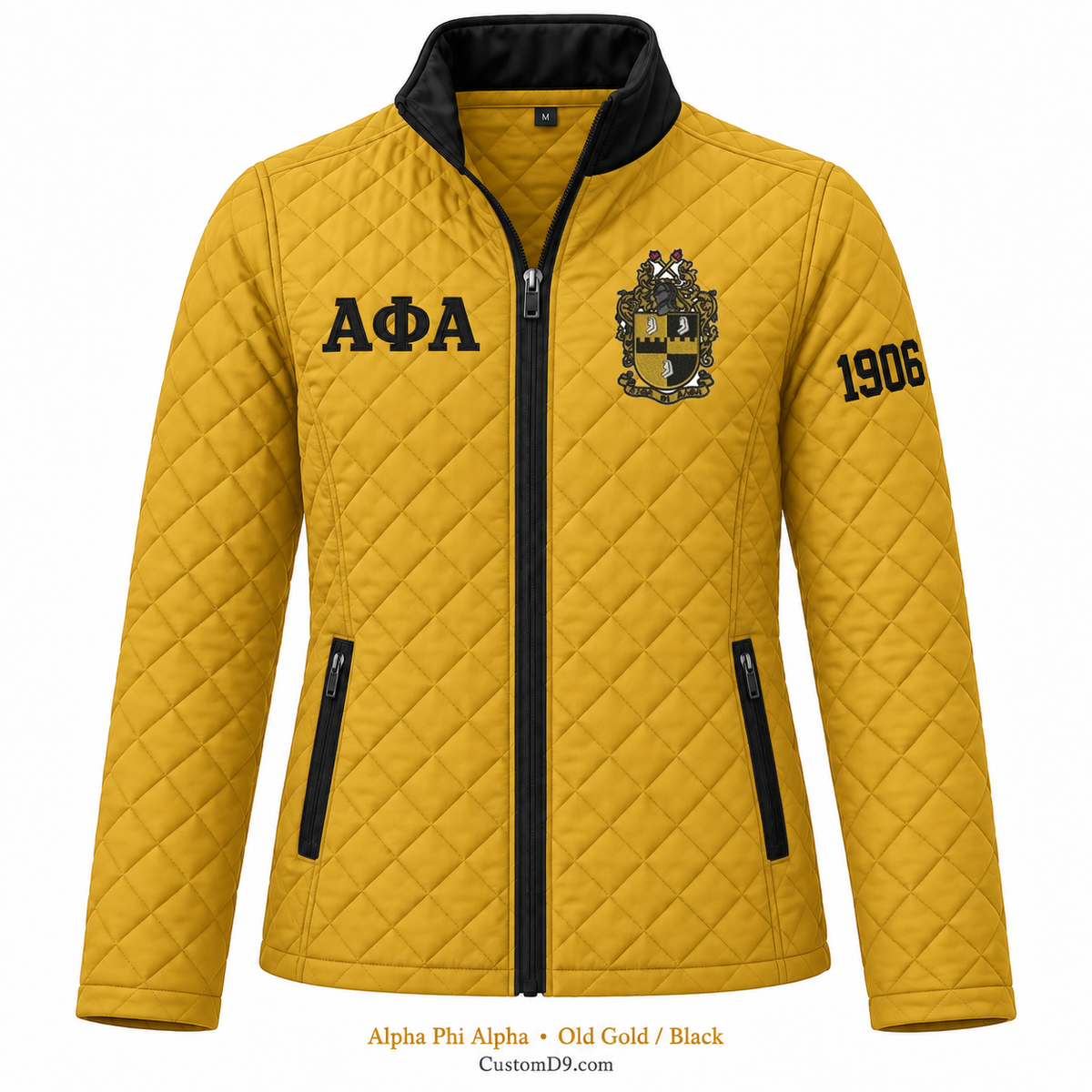 Alpha Phi Alpha quilted jacket in Old Gold and Black; original crest, ΑΦΑ and 1906 sleeve customization example