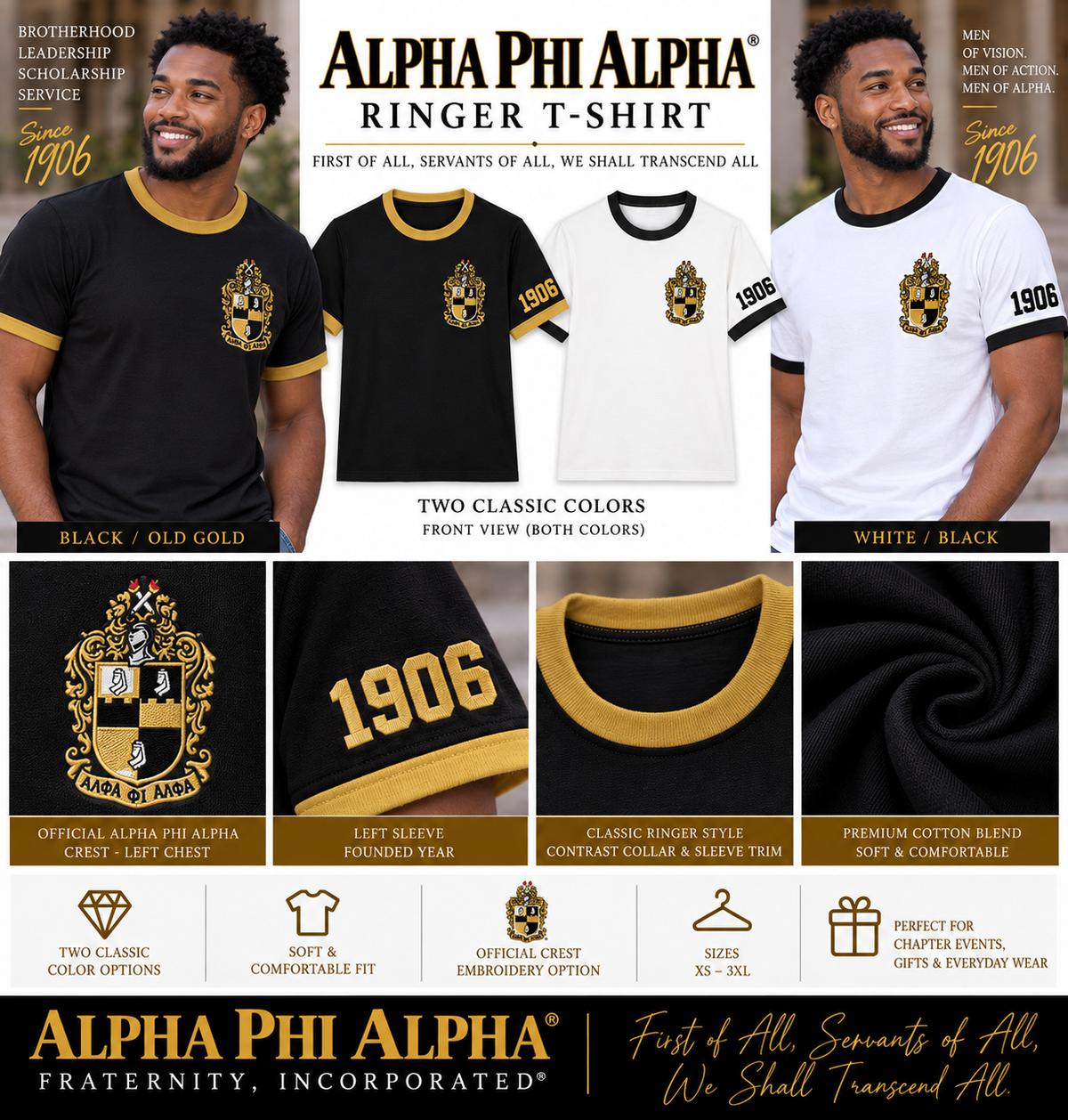 Alpha Phi Alpha ringer T-shirt product details with black and old gold colorways, embroidered crest, 1906 sleeve detail and male models