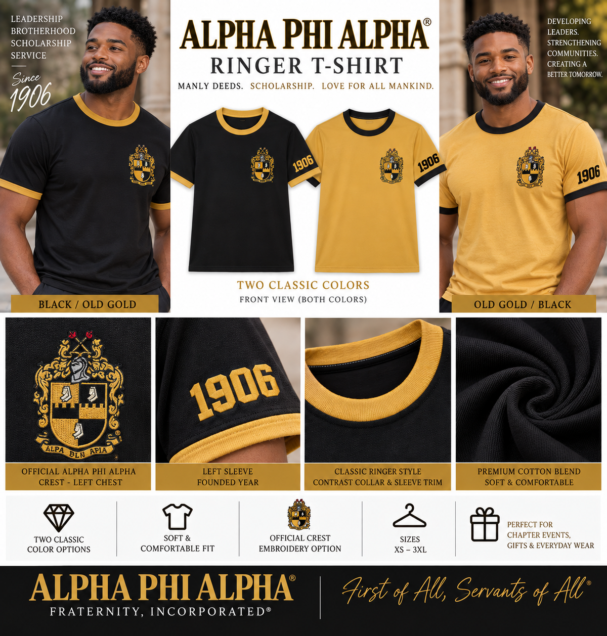 Alpha Phi Alpha ringer T-shirts in black with old gold trim and old gold with black trim, standard-size crest on left chest and 1906 on the same-side sleeve