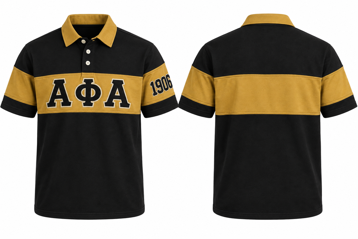Alpha Phi Alpha black and old gold sewn-panel rugby polo front and back