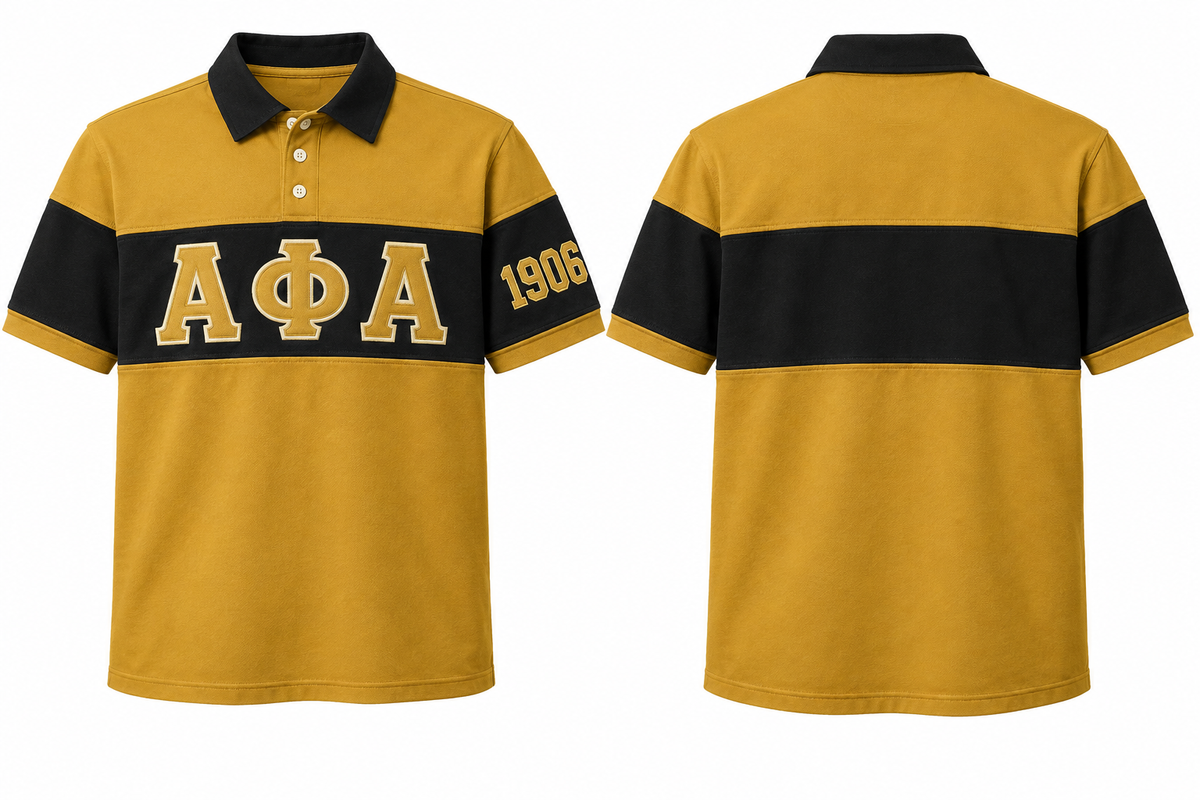 Alpha Phi Alpha old gold and black sewn-panel rugby polo front and back