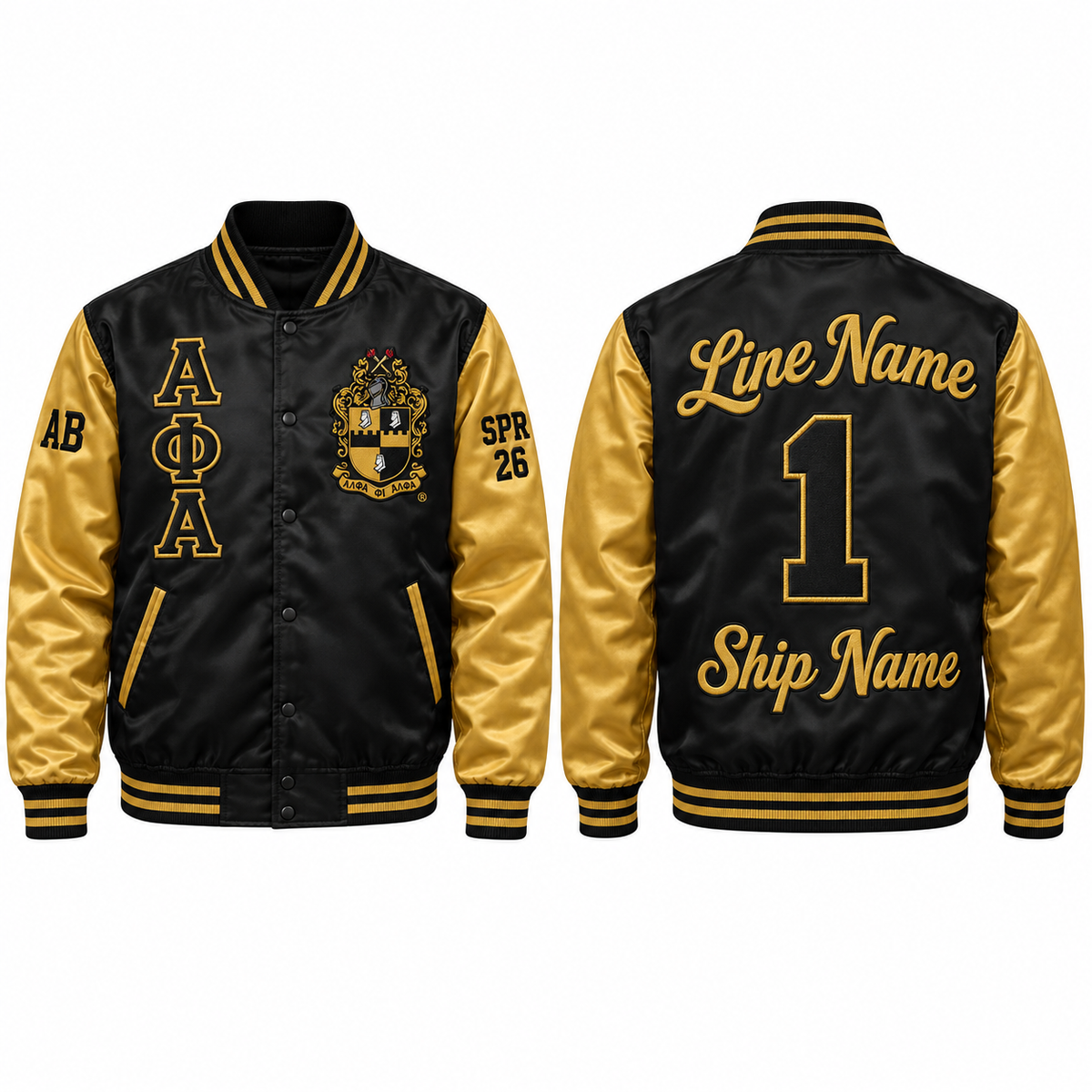 Alpha Phi Alpha custom embroidered satin bomber jacket black and gold front and back personalization sample