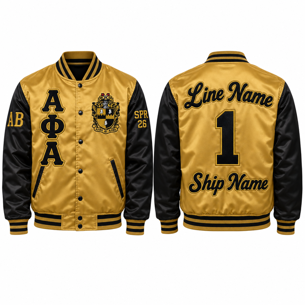 Alpha Phi Alpha custom embroidered satin bomber jacket gold and black front and back personalization sample