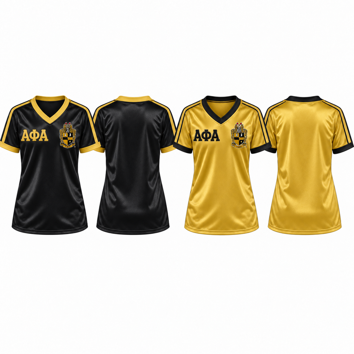 Alpha Phi Alpha black and old gold satin football jersey colorways front and back
