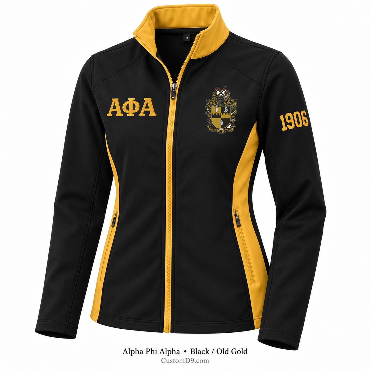 Alpha Phi Alpha Custom Softshell Jacket – Black / Old Gold; original crest artwork, Greek letters and founding year customization example