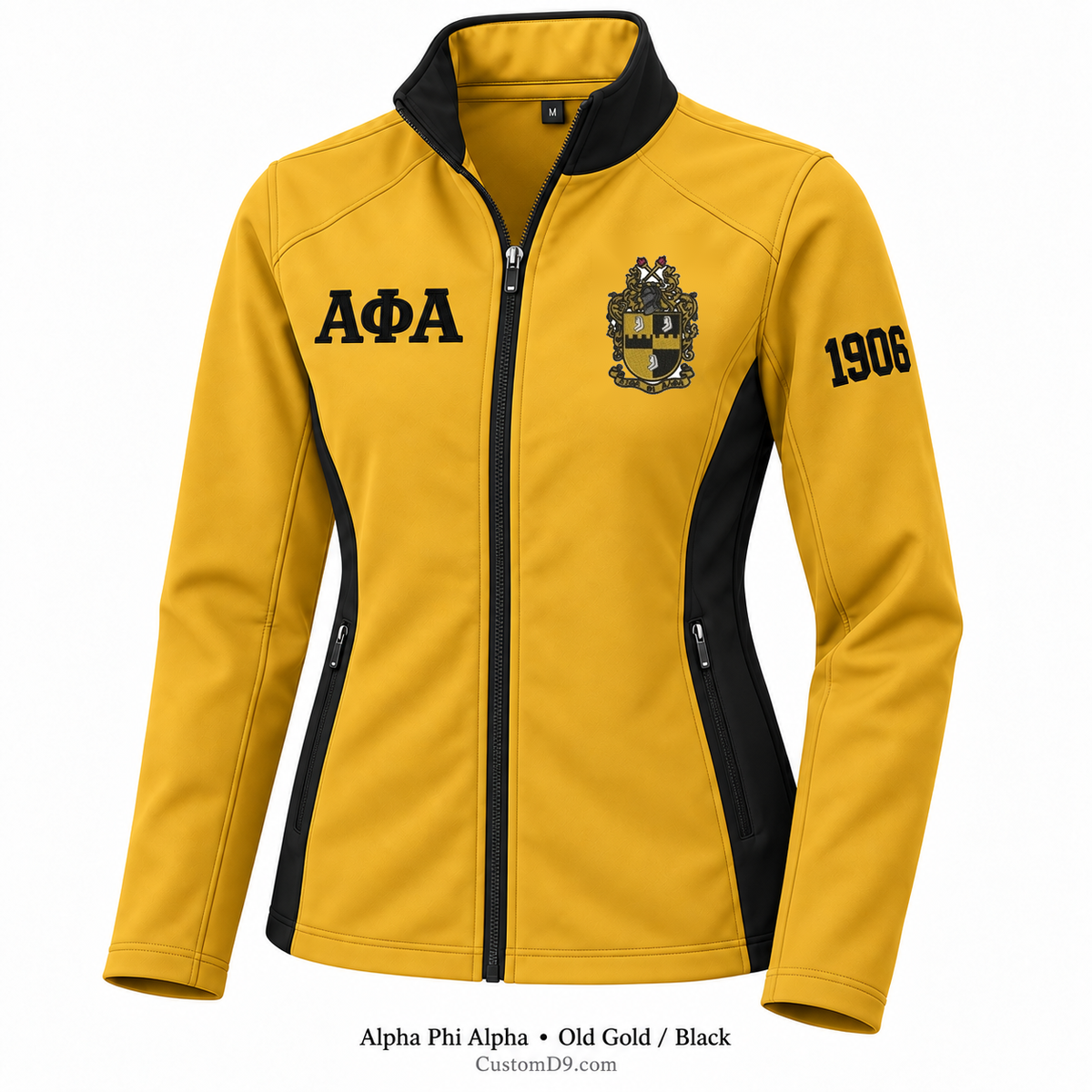 Alpha Phi Alpha Custom Softshell Jacket – Old Gold / Black; original crest artwork, Greek letters and founding year customization example