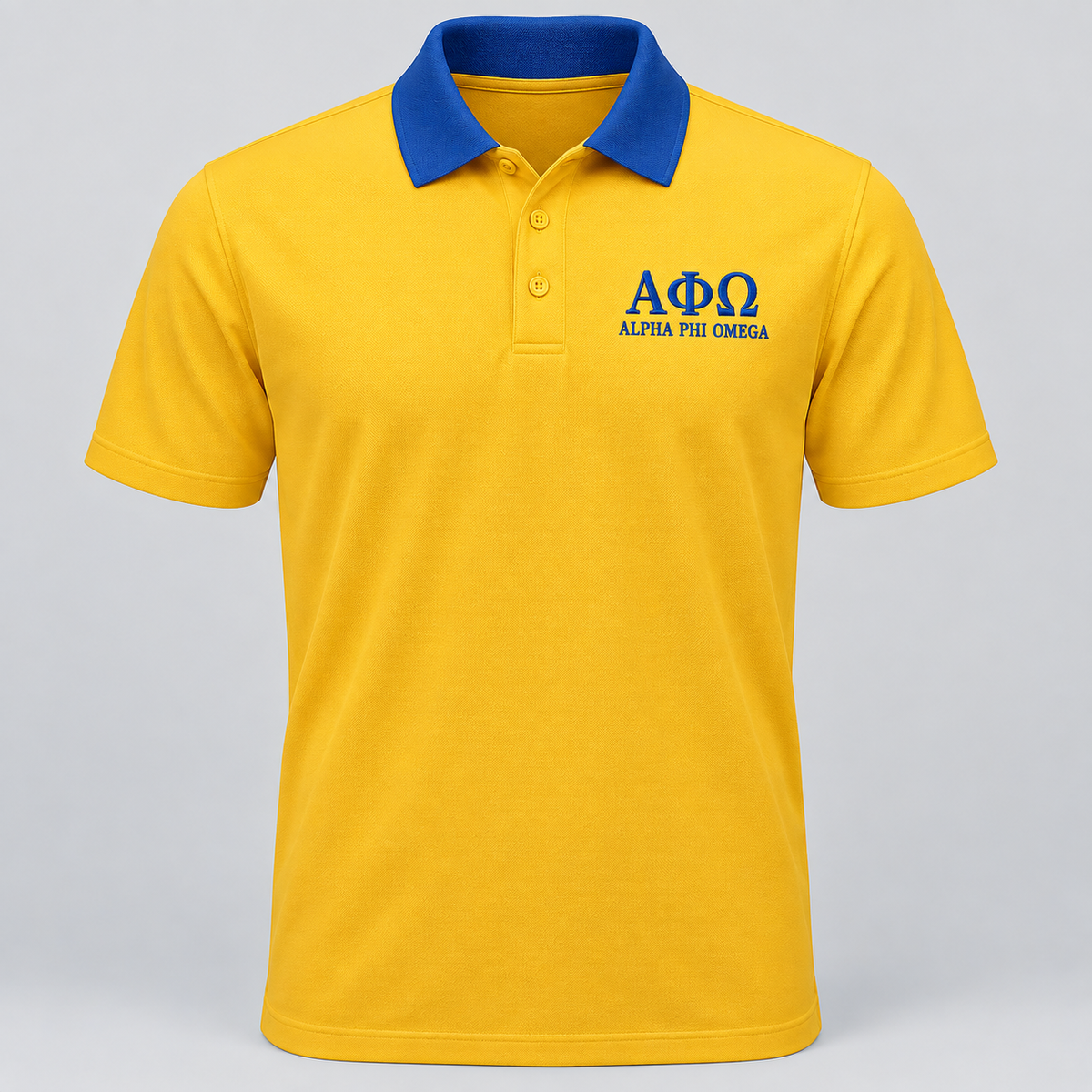 Alpha Phi Omega Old Glory gold polo with royal blue contrast collar