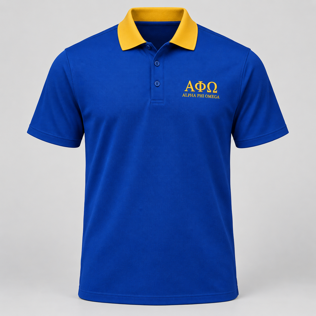 Alpha Phi Omega royal blue polo with Old Glory gold contrast collar