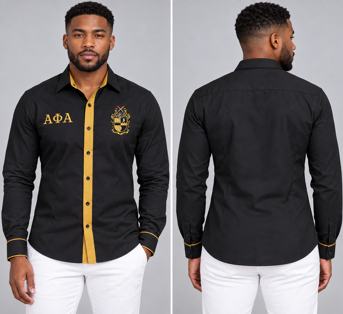 Alpha Phi Alpha black and old gold fitted embroidered Oxford shirt product, front and back on male model