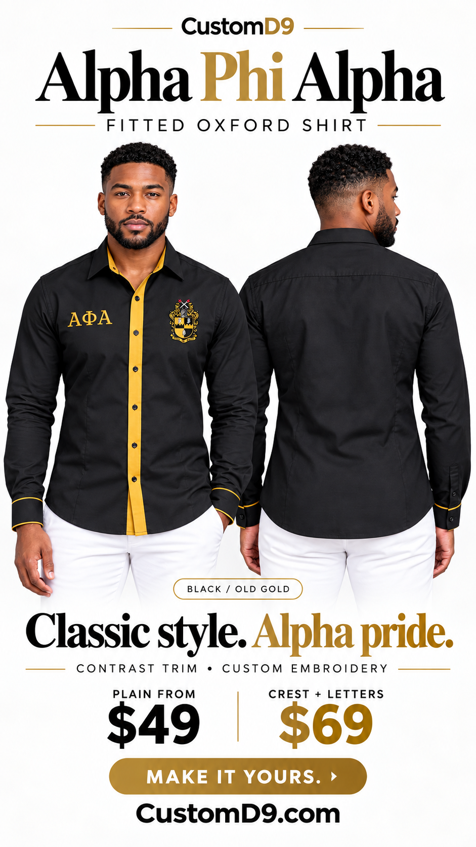 Alpha Phi Alpha black and old gold fitted embroidered Oxford shirt reel-poster, front and back on male model