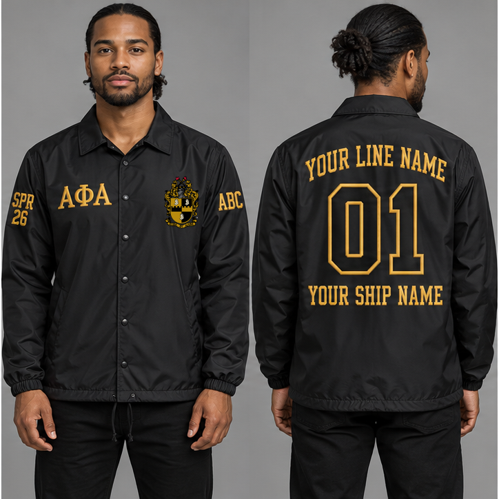 Alpha Phi Alpha Black and Old Gold personalized coach line jacket on an adult model, original supplied crest and ΑΦΑ letters, sample line name, line number 01, ship name, crossing year and chapter initials.