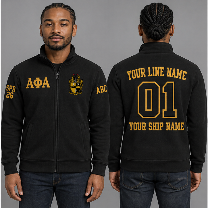 Alpha Phi Alpha Black and Old Gold personalized full-zip sweatshirt on an adult model, original supplied crest and ΑΦΑ letters, sample line name, line number01, ship name, crossing year and chapter initials.
