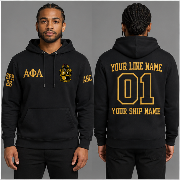Alpha Phi Alpha Black and Old Gold personalized pullover hoodie on an adult model, original supplied crest and ΑΦΑ letters, sample line name, line number 01, ship name, crossing year and chapter initials.
